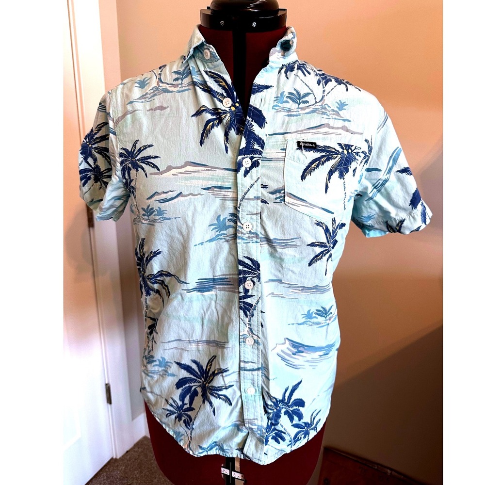 O'Neill Boys XL Light Blue /Tropical Palm Tree / Short Sleeve Button Down Shirt